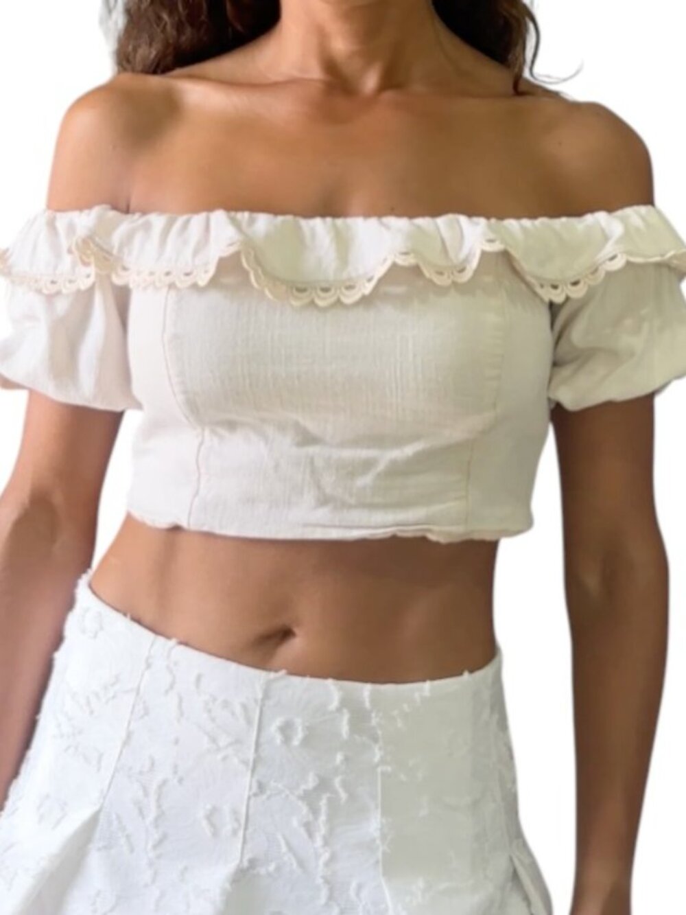 Express Pale Taupe Off Shoulder Ruffle Crop Top Linen Blend Lined Size S